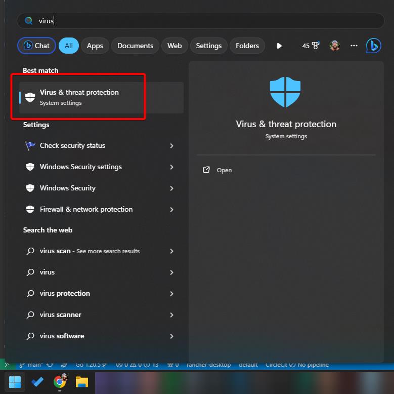 Virus &amp; threat protection Windows start menu