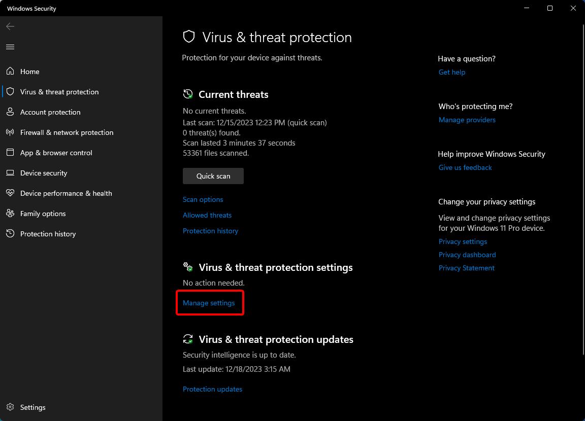 Virus &amp; threat protection settings