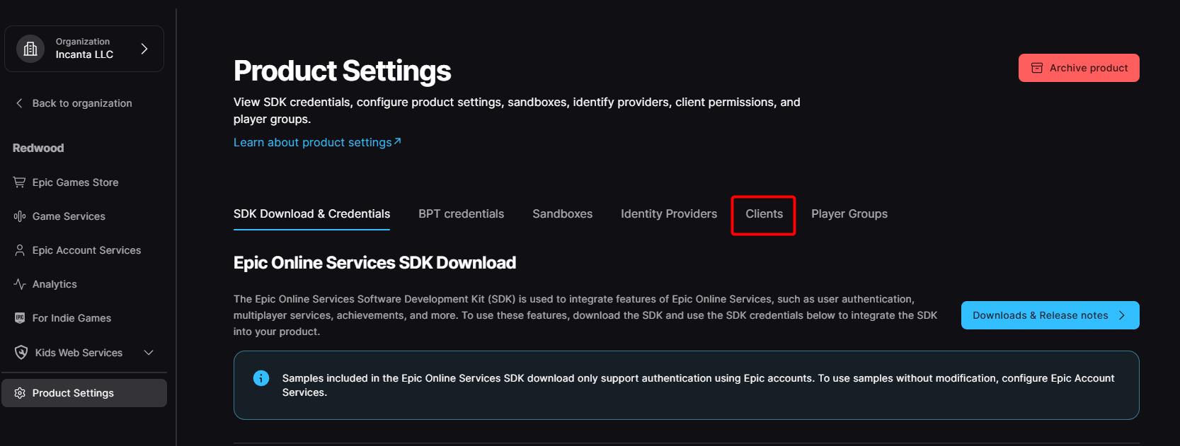 Product Settings Clients tab