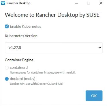 Image of first run of Rancher Desktop